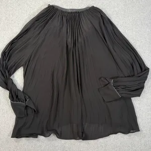 Zara Black Sheer Pleated Blouse Women's Medium Faux Leather Collar Button V-Neck thumbnail 7