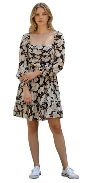 Abercrombie & Fitch Mini Dress Medium‎ Black Floral New Ruched Smocked Back thumbnail 1
