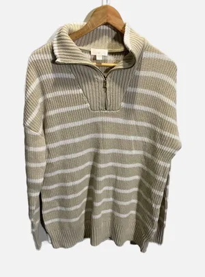 Belle by Kim Gravel Sweater Womens M Tan Striped Quarter Zip Knit Pullover thumbnail 1