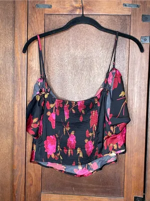 Free People Cassandra NEW Floral Cold Shoulder Flutter Crop Top Black Corset L thumbnail 5