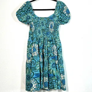 mini dress S House of Harlow 1960 turquoise floral linen puff-sleeve corset thumbnail 3