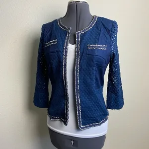 VIRGIN ONLY S Lady Navy Chic Open Eyelet Front Metallic Silver Trim Waist Blazer thumbnail 2