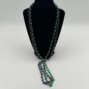 Purple Green faceted Bead 2 Necklace Set Layered Boho Statement Gold Tone 34" thumbnail 4