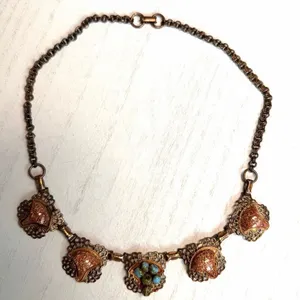 Vintage Copper Filigree Necklace w Goldstone & Turquoise tone Beads thumbnail 3