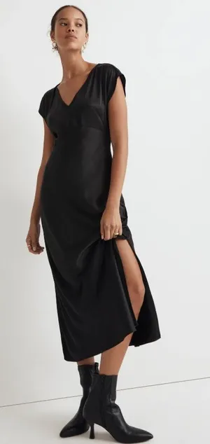 Madewell Wide V-Neck Satin Slip Midi Dress Black Romantic Minimalist Whimsigoth thumbnail 1