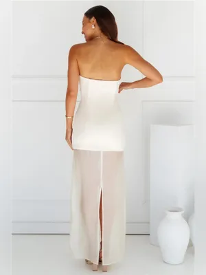 Elegant Strapless Cream Maxi Dress with Sheer Lower Skirt thumbnail 3