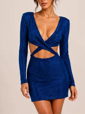 Meshki Blue Glitter Cut Out Long Sleeve Glam Party Club Bodycon Mini Dress thumbnail 9