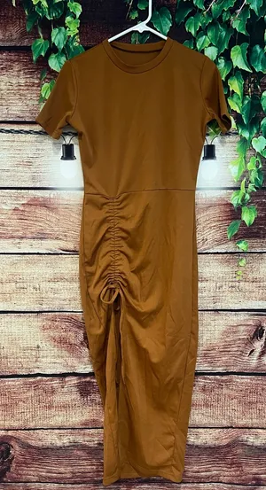 Free People Maxi Dress Bodycon Cinch Tie Slit Rust Orange Minimalist Fall Small thumbnail 1
