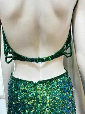Rachel Allan Stunning Emerald Green Sequin Fringe Cutout formal Gown Size 6 thumbnail 12