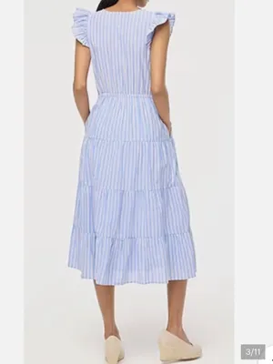 J. Crew V-Neck Cotton Ruffle Cap Sleeve Tiered Striped Midi Dress thumbnail 3