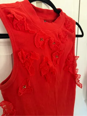 Anthropologie Sleeveless 3D Floral Appliqué Top Coral Orange Ribbed Tank Small thumbnail 4
