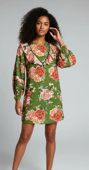 FARM Rio Anthropologie Elinor Tunic Dress Green‎ & Pink Floral Ruffle Size M thumbnail 1