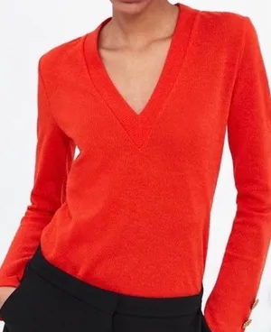 Zara Womens Red V-Neck Ribbed Knit Sweater Gold Filigree Button Cuff Size Medium thumbnail 1