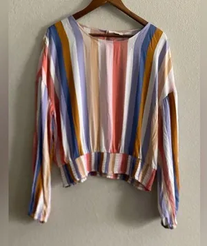 SO Colorful Striped Print Long Sleeve Smocked Bottom Top Blouse Junior’s XXL thumbnail 1