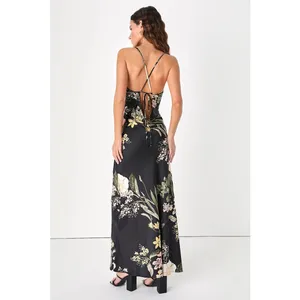 NWT Lulus All About the Drama Black Floral Satin Cowl Neck Maxi Dress Cruise S thumbnail 3