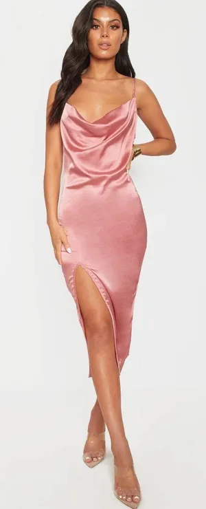 Pretty Little Thing Rose Strappy Satin Cowl Midi Dress thumbnail 1
