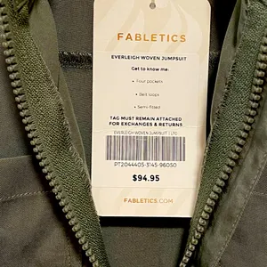 NWT Fabletics Everleigh Woven Jumpsuit Utility Long Sleeve Safari Green L thumbnail 8