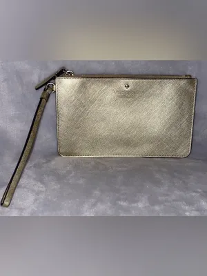 Kate Spade Gold Saffiano Leather Wristlet Clutch Wallet Pouch Polka Dot Lining thumbnail 2