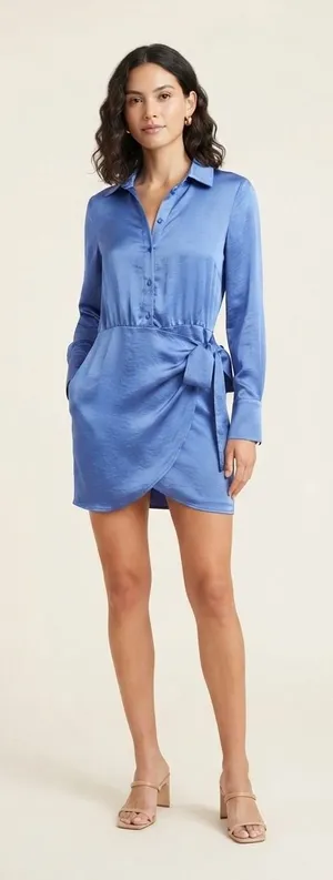 4th & Reckless‎ Shirt Dress Women M Blue Satin Wrap Mini Cocktail Party Dress thumbnail 1