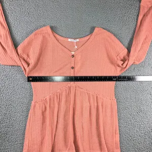 Henley Babydoll Waffle Knit Peplum‎ Top Women S L/S V Neck Cottagecore Peasant thumbnail 3