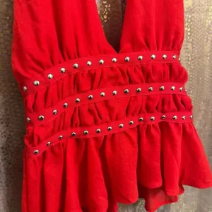 Lotus & Lavender Red Deep V Neck Studded Halter Ruffle Hem Top Medium NWT thumbnail 3