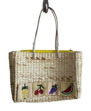 xhilaration 100% corn husk woven handbag mid length straps zipper closure fruit thumbnail 1