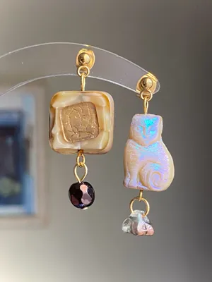Handmade unique retro vintage fairy boho style dangle earrings w/ quality Czech glass beads mix 🌀🍃💛 thumbnail 1