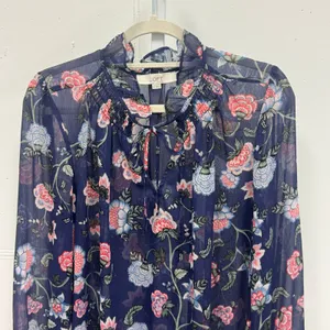 LOFT Floral Chiffon Ruffle Tie Neck Smocked Cuff Blouse Large Navy Blue Sheer thumbnail 3