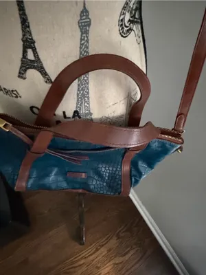 Fossil Blue croc-embossed leather 2-way satchel/crossbody with brown trim thumbnail 2