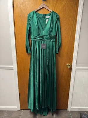 Ieena for Mac Duggal Long Sleeve Satin A-Line Maxi Dress Gown Emerald Green 10 thumbnail 12