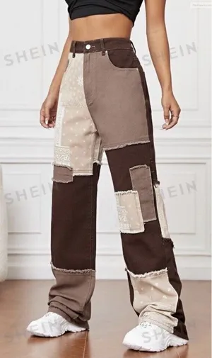 Shein Streetwear‎ Patchwork Jeans Fringe Straight Leg High Rise Hippie Women's 4 thumbnail 1