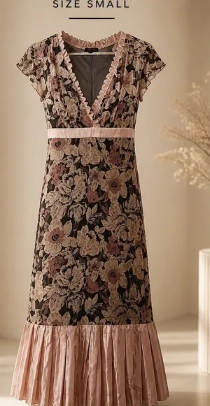 Maria Bianca Nero pink floral v neck line pleated hem sz Small thumbnail 1