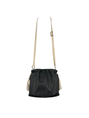 Brighton Boho Western Bucket Slouch Bag Leather Black White Tassel Silver Charms thumbnail 2