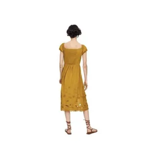 Zara Midi Dress Women’s Size Small Mustard Yellow‎ Smocked Embroidered tie front thumbnail 3
