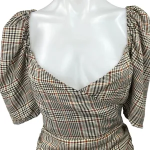 NEW Missguided Brown Checkered Plaid Puff Sleeve Ruched Mini Bodycon Dress Sz 4 thumbnail 3