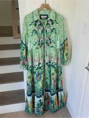 By Anthropologie Long-Sleeve Printed Maxi Shirt Dress in Green thumbnail 4