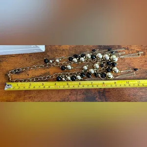 Gold-Tone Black Beaded Fringe Bib Statement Necklace – Chunky Chain thumbnail 6