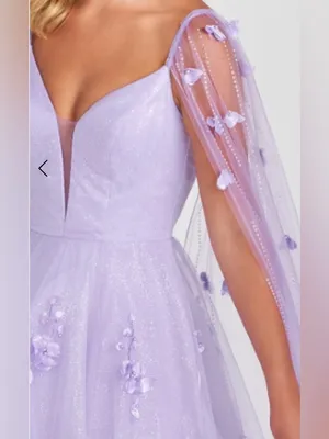 Ellie Wilde Lilac Embroidered Lace‎ Organza Sparkly Prom Dress w/Cape Sleeves 6 thumbnail 2
