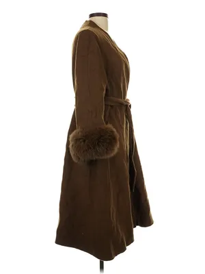 Source Unknown Women’s Brown Wool-Feel Belted Maxi Coat Faux Fur Cuffs Size L thumbnail 2