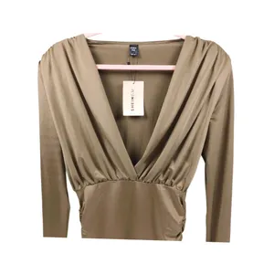 SHEIN BAE Long Sleeve Ruched Deep‎ V Midi Dress – Size L – Tan/Khaki thumbnail 2