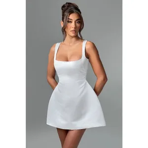 NWT Babyboo Sofie Ivory Satin Square Neck Fit & Flare Mini Dress Womens Size XS thumbnail 2