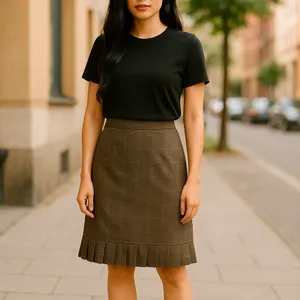 KC Spencer New York Brown Beige Pink Plaid Pleated Ruffle Hem Pencil‎ Skirt 12 thumbnail 4