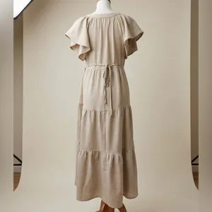 Emma & Michele Oatmeal Boho Tiered Maxi Dress V-Neck, Flutter Sleeve, Size Small thumbnail 2