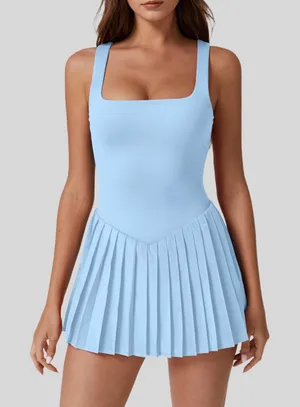 NWT QINSEN Light Blue Tennis Golf Dress Pleated Square Neck w/ Shorts XL thumbnail 1