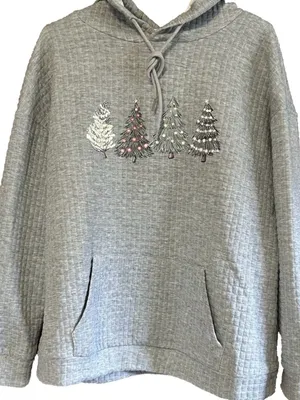 Women's XL Grey Quilted Waffle Christmas Tree Hoodie Holiday Pullover Sweatshirt thumbnail 2