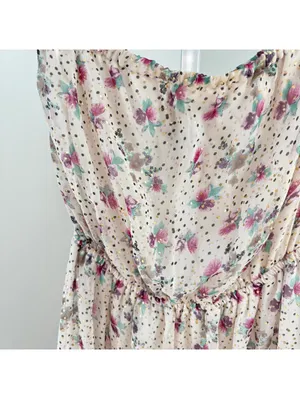 Ella Moss EUC Women's Strapless Cream Floral Gold Metallic Polka Dot Sundress S thumbnail 2