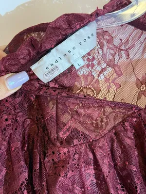 Anthropologie Endless Rose Ruffled Lace Blouse Romantic Feminine Burgundy Top L thumbnail 5