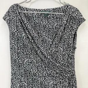 Ralph Lauren‎ Black White Sleeveless Swing Flare Faux Wrap Stretch Dress Size 16 thumbnail 3