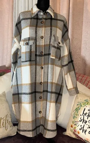 Size M Mid Length Flannel Pocketed Button Down Jacket Tan Size M thumbnail 1