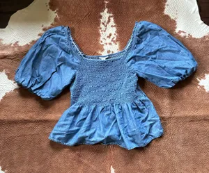 ANA blue jean like smocked top size small Cotton and lyocell blend No flaws thumbnail 1